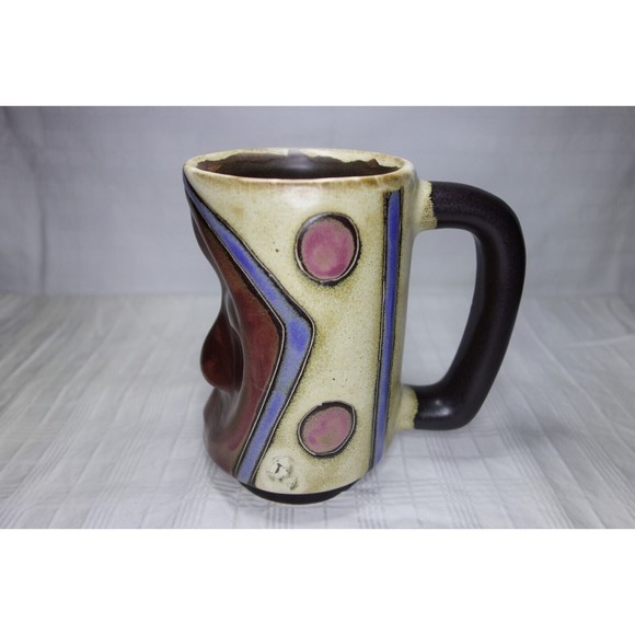 Signed Mara Stoneware Pottery Tribal Face Mug 6" Tall Made in Mexico - Picture 5 of 12